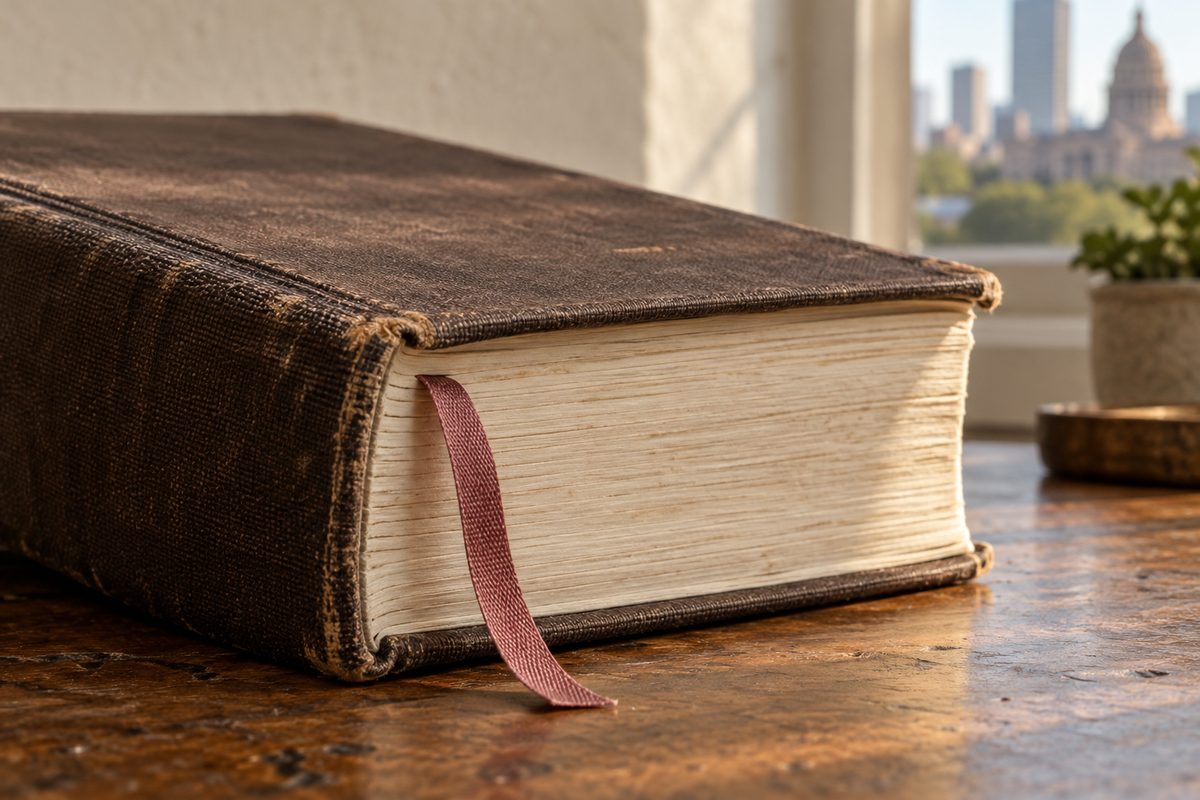 Cloth binding and page edges of a legal reference volume with a ribbon marker